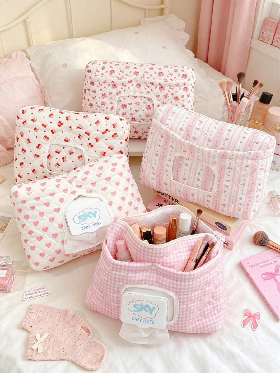 1Pc Quilted Travel Makeup Bag Cute Cosmetic Bag Large Capacity Multi-Functional Storage Bag Mommy Bag Baby Clothes Bag Diaper Bag Wet Wipes Bag Underwear Storage Bag Portable Diaper Organizer Cosmetic Organizer Travel Essential Bridesmaid Gifts - Multicolor - View 1