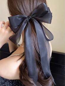1pc Girls Pearlescent Satin Fabric Ribbon Bow Hair Clip, Spring/Summer New Style Satin Bow Back Head Spring Clip, Suitable For Daily Life Or Vacation - Black - View 7