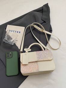 女款方形手提包，雙色格紋拼接設計，時尚優雅簡約，白色斜背包 - 白色 - 查看 9
