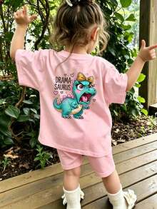 Kaos Pullover Lengan Pendek Leher Bulat Motif Kasual Lucu untuk Anak Perempuan Musim Panas - Berwarna merah muda - View 1