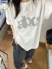 日系女款春夏寬鬆圓領休閒百搭字母印花短袖T恤夏季上衣白色 - 白色 - 查看 2