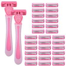 2 Handles + 36 Replacement Blades/3-Layer Manual Razor, Stainless Steel Razor Blades. Sharp, Washable And Reusable, Face Razor, Hair Removal - Pink - View 15