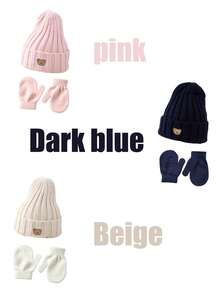 3pcs Bear Candy Color Knitted Hat & Gloves Set, New Children's Warm Hat, Baby Versatile Breathable Skin-Friendly Knitted Hat, Cute Bear Knitted Hat, Winter Knitted Hat, Suitable For Cold Weather And Outdoor Activities - Multicolor - View 2