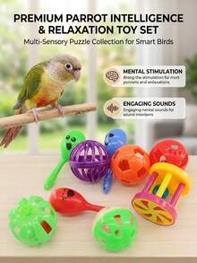 PETSIN 9pcs Bird Cage Chew Toy Training Set, Colorful Interactive Puzzle Toys, Assorted Color Pet Paw Sound Ball & Bell - Multicolor - View 1