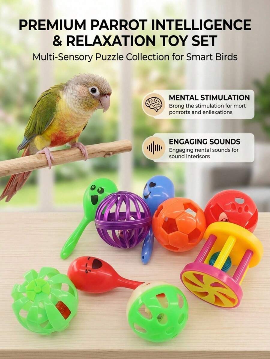 PETSIN 9pcs Bird Cage Chew Toy Training Set, Colorful Interactive Puzzle Toys, Assorted Color Pet Paw Sound Ball & Bell - Multicolor - View 1