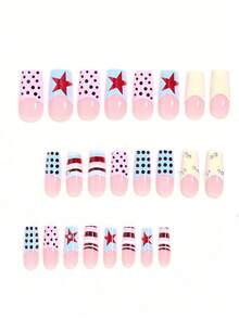 Decorate Your Nails In Y2K Style! 24PCS Medium Square Shape Fashionable Fresh Pink & Blue Contrast Wide French Pattern Polka Dot Design Press-On Nails Y2K Hot Girl Style Colorful Striped Design 3D Metallic Steel Ball Burgundy Star Pattern Polka Dot Nails, Includes One Sheet Of Jelly Glue And One Nail File (Jelly Glue Sent Randomly), Suitable For Women And Girls To Use In Dating, Gatherings, Parties And Other Occasions - Multicolor - View 3