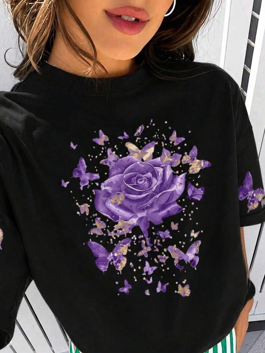 Purple Rose Butterfly Print Women's T-Shirt, Round Neck Printed Pattern, Plus Size Women's Top... Casual - Black - View 1