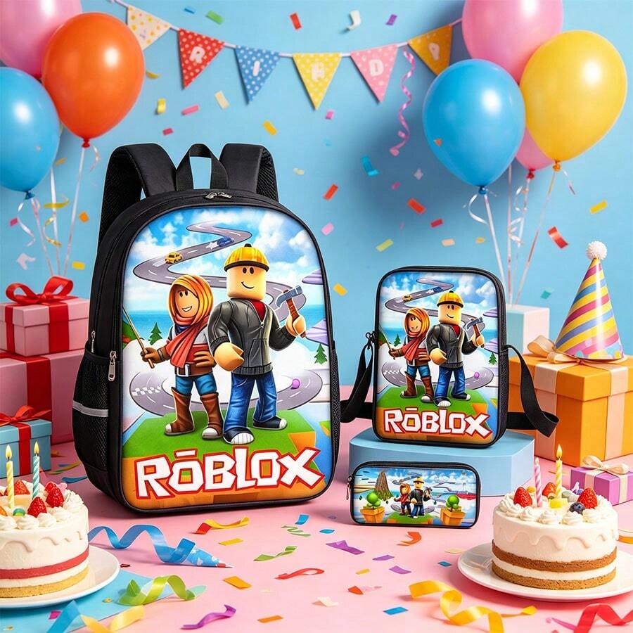 Roblox 新款3件組動漫組合背包套裝,包含背包、斜背包、筆袋,可調節肩帶,拉鍊設計,中性款,適用於上學、旅行、露營,聖誕節、生日、開學季理想禮物 - Roblo 男孩 書包 B - 查看 1