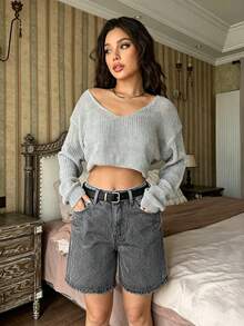 HAPPY GIRL#Versatile Casual Fashion Leg-Lengthening Simple Frayed Hem Student College Style Women's Denim Knee Length Shorts - Grey - View 4