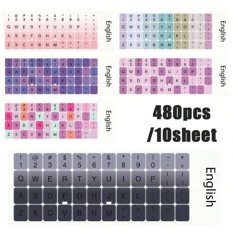 480 Stücke/10 Blatt bunte Tastaturaufkleber, Farbverlauf Tastenkappenaufkleber, bunte universelle englische Tastaturaufkleber, Computer Laptop Desktop englische Tastatur Buchstabenaufkleber, Farbverlauf Rosa Tastaturaufkleber, Farbverlauf Schwarz Tastaturaufkleber, Farbverlauf Lila Tastaturaufkleber, bunte Tastaturaufkleber - Karikatur - View 1