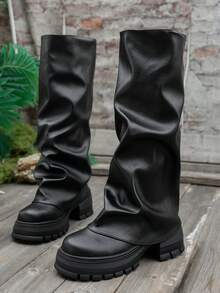 Women's Round Toe Chunky Boots, All-Season Pleated Slip-On Pants, Suitable For Daily Outdoor Commute, Fashionable Long, Heel - Black - View 5