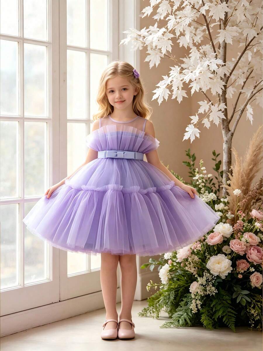Young Girl Solid Color Bow Tulle Elegant Dress Suitable For Birthday Party, Headband Not Included - Purple - View 1