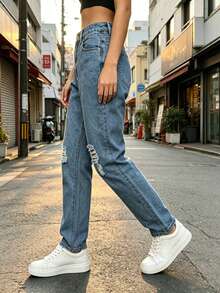 Pantalon De Mezclilla Dam,Pantalones acampanados de mezclilla azul medio lavados con roturas, cintura media, ajustados y elásticos - 2052 - Ver 7