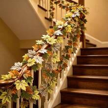 1pc 80.7in/6.7ft Artificial Maple Leaf Garland, Bendable And Reusable, Autumn Halloween Thanksgiving Harvest Decoration, Realistic Faux Hanging Leaf Vine, Suitable For Stairs, Fireplace, Mantel, Tabletop, Home, Party, Indoor And Outdoor Decor - Multicolor - View 2