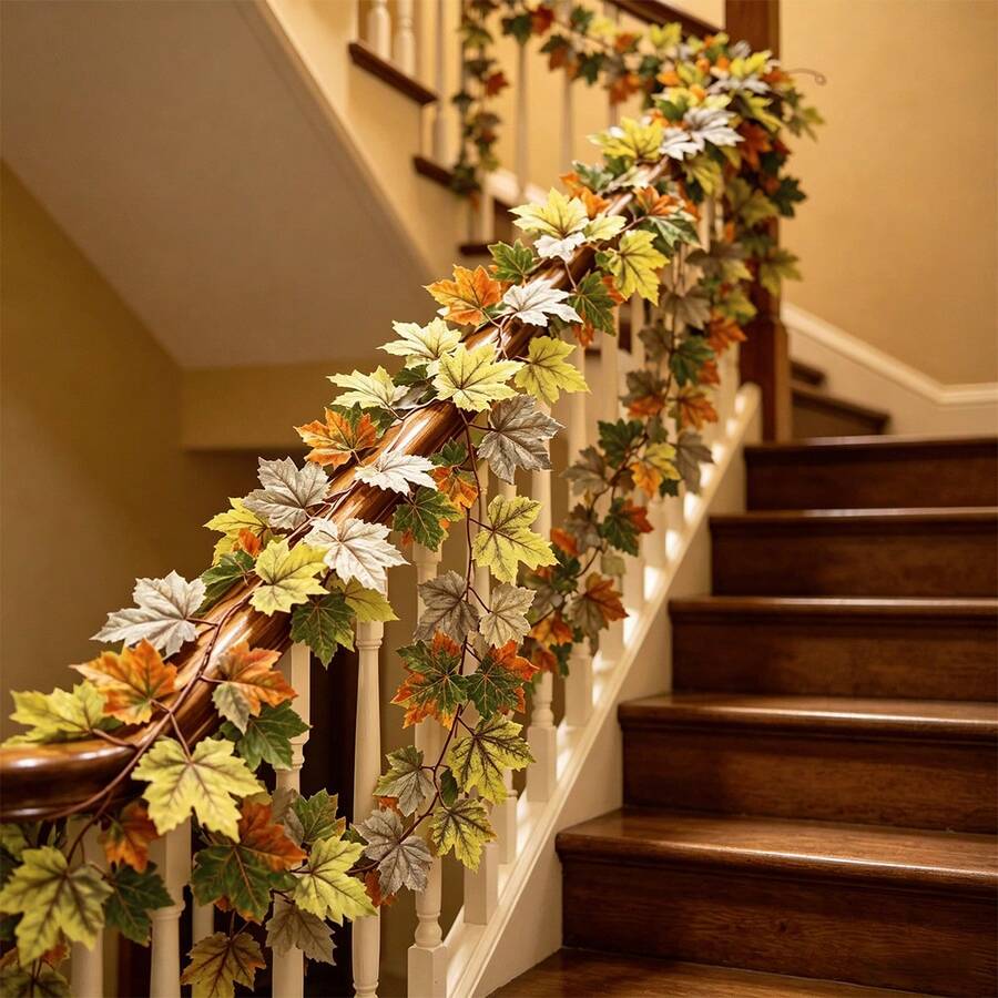 1pc 80.7in/6.7ft Artificial Maple Leaf Garland, Bendable And Reusable, Autumn Halloween Thanksgiving Harvest Decoration, Realistic Faux Hanging Leaf Vine, Suitable For Stairs, Fireplace, Mantel, Tabletop, Home, Party, Indoor And Outdoor Decor