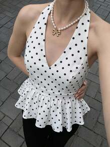 Buzzelle French Polka Dot Print Ruffle Trim Backless Halter Top White Summer Casual - White - View 1
