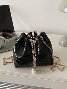 Bolso bandolera mini tipo cubo con cadena de color liso de moda - Negro - Ver 5