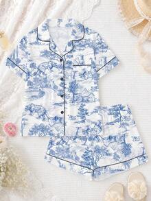 2pcs Women Pajama Set, Leopard Print Design, Ladies Homewear, Spring/Summer Holiday Outfit, Short Sleeve Collared Top And Shorts Can Be Worn Outdoors - Dusty Blue - View 1