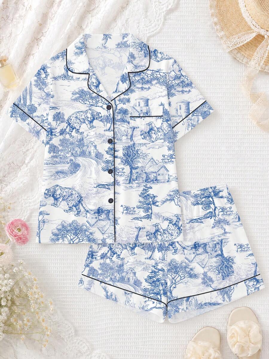 2pcs Women Pajama Set, Leopard Print Design, Ladies Homewear, Spring/Summer Holiday Outfit, Short Sleeve Collared Top And Shorts Can Be Worn Outdoors - Dusty Blue - View 1