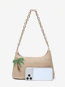 1pc Women's Minimalist Vacation Metal Chain Decor Faux Straw Flower Multi-Decor Large Capacity Handheld Baguette Bag Suitable For Outings, Dates, Commuting, Vacation - Camel - View 4