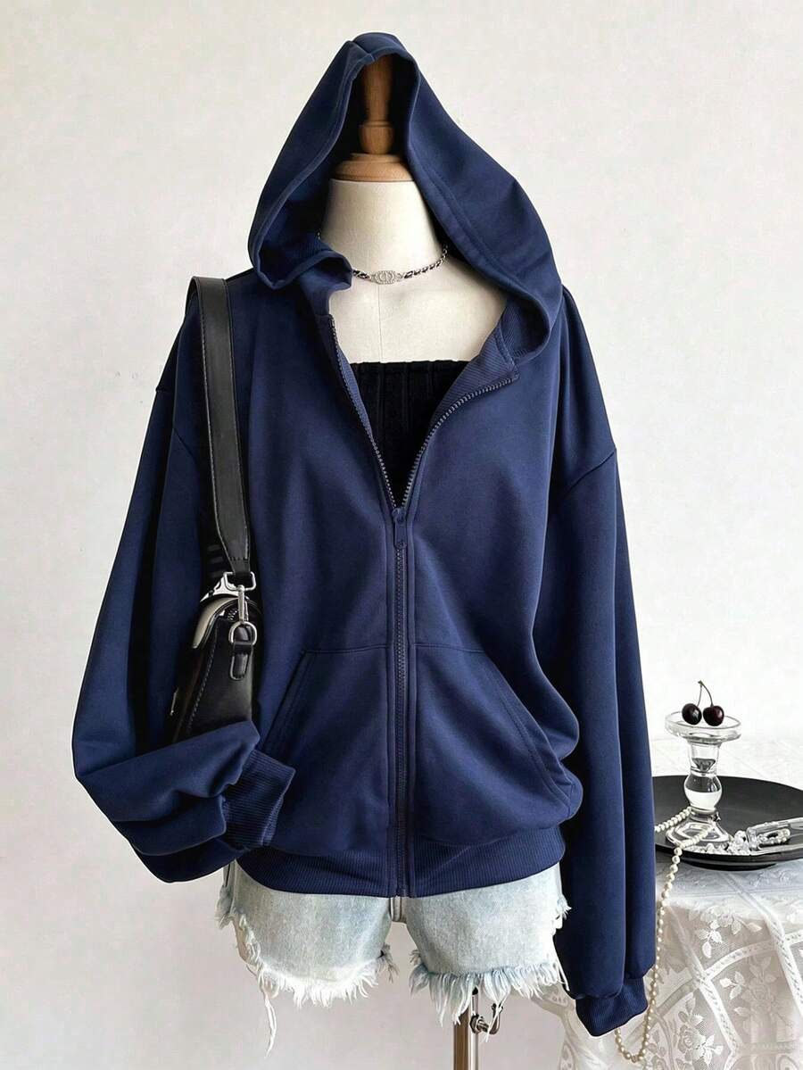 1件簡約休閒女款全開襟連帽外套,寬鬆版型校園外穿外套 - 藏蓝色 - 查看 1