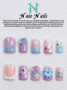 NAIO 10片/組手工穿戴式假指甲，3種尺寸：棺材形/杏仁形/短方型，Y2K夢幻風，馬卡龍漸層色，附3D蝴蝶與花朵設計、星星與水鑽裝飾，適合女性與女孩，日常使用與派對，女士美甲禮物首選 - 彩色 - 查看 3