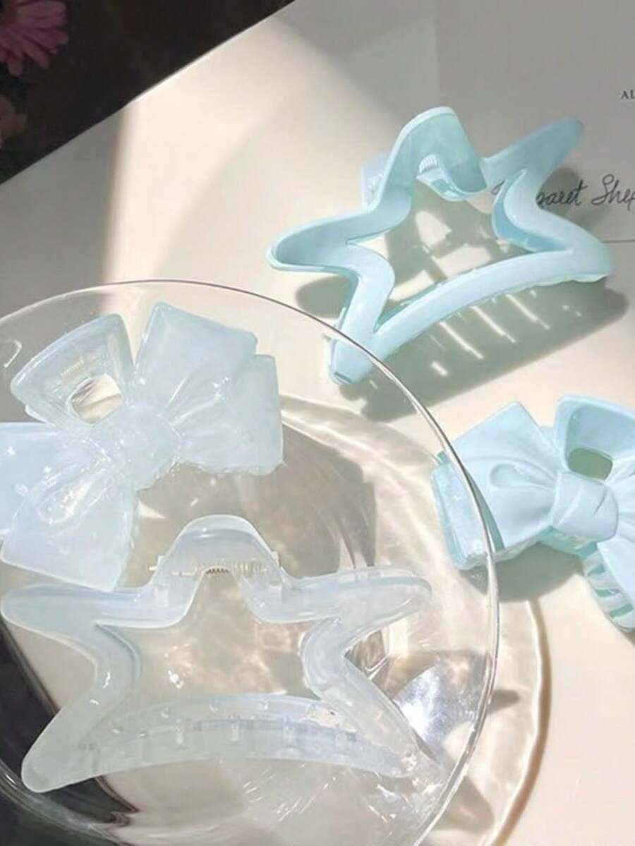 2pcs Large Star-Shaped Hair Claw Clips, Korean Style Blue Tone Hair Grips, Bowknot Hair Clips For Back Of Head, Beach Vacation Hair Accessories, Suitable For Travel And Holiday - Multicolor - View 1