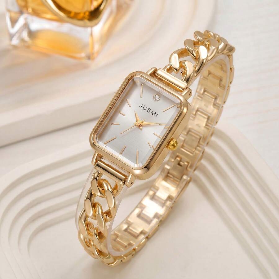 JUSMI Elegant Teen Gold-Tone Watch, Slim Rectangular Dial With Crystal Details & Chain Strap Analog Pointer Watch - Gold - View 1