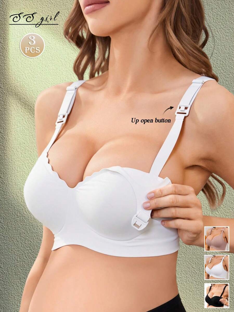 3PCS Women's Nursing Bra, Maternity & Breastfeeding Bra With Front Clasp, Push-Up, Anti-Sagging, Side-Boob Support, Wire-Free, Seamless