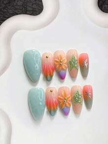 10pcs Island Vacation Style Handmade Press-On Nails, Polygel Nail Art Set, Five-Petal Flower Design, Star Pattern, Blue, Orange And Green Nail Polish, Casual Style, Includes Nail Tools, 3 Sizes Available, Almond Shape, Duck Shape, Coffin Shape, Suitable For Party, Dancing, Daily Wear - 彩色 - 查看 3