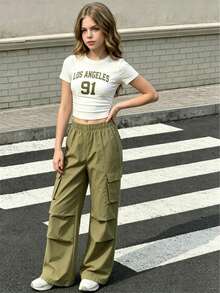 2pcs/Set Casual & Fashionable Teen Girl Letter Print Round Neck Short Sleeve Top And Wide Leg Sweatpants Set - Multicolor - View 2