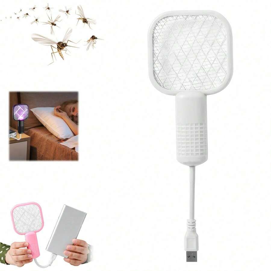 1Pc White Plain 2026 New 2-In-1 USB Rechargeable Electric Mosquito Swatter, 5-Layer Safety Mesh Bug Zapper With Mosquito Lure, Portable Pest Control Tool For Home Camping Patio Outdoor Household Supplies - White - View 1