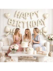 20 Stücke und 15 Stücke Set cremeweiße Happy Birthday Banner + 21-Zoll cremeweiße Schleifenballons + 18-Zoll herzförmige Folienballons, geeignet für Mädchen, Geburtstagsdekoration für Frauen, Prinzessinnen-Stil Partydekoration, cremefarbene Geburtstags-Themen-Partydekoration Ballons - Geburtstag - View 8