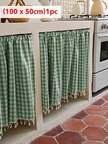 1PC American Country Style Green & White Plaid Half Curtain, Cabinet Curtain, Room Divider, Small Window Decor, Lightweight Translucent Non-Transparent, Suitable For Living Room, Balcony, Bay Window, Door & Window Home Decoration - Green - View 12