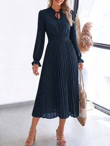 PRETTYGARDEN Women's Spring Fall Midi Dress Casual Long Sleeve V Neck Swiss Dot Pleated A Line Flowy Dresses New Years Party Valentine Vacation Dresses For Women - 藏蓝色 - 查看 5