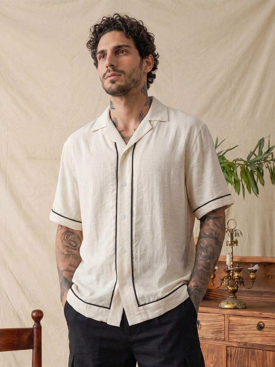 glestore Men's Retro Casual Color-Blocked Linen Short-Sleeve Shirt: A Versatile Men's Shirt Perfect For Both Work And Vacation - Beige - View 1