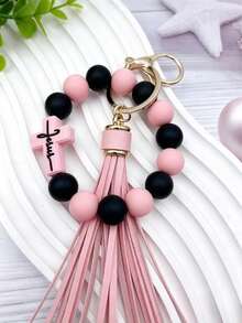 1pc Silicone Cross Bead Bracelet Keychain, Creative Wristband Key Ring, Women's Bag Accessory, Friend Gift, Unisex Style, Sister Gift - Multicolor - View 15