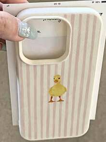 1pc Pink & White Striped Little Yellow Duck Leather Texture Phone Case - Multicolor - View 1