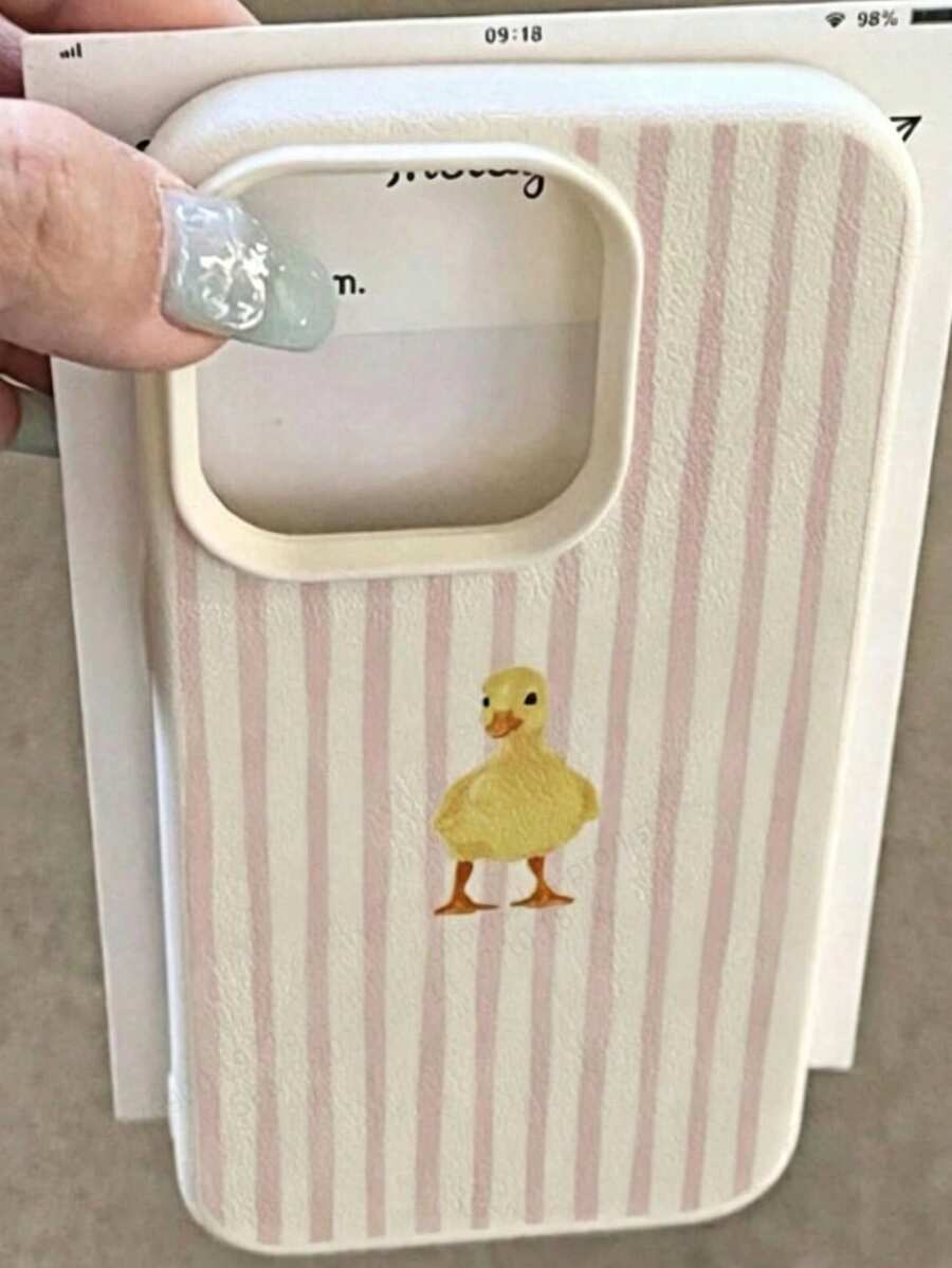 1pc Pink & White Striped Little Yellow Duck Leather Texture Phone Case - Multicolor - View 1