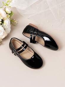 1 Pair Girls' Shiny Black Patent Leather Mary Jane Shoes, Hook And Loop Closure Design, Convenient And Fashionable, Suitable For School Uniform, Wedding And Birthday, Soft And Comfortable, Suitable For All Seasons, Girls' Shoes, Kids' Shoes, Girls' School Shoes - Black - View 2