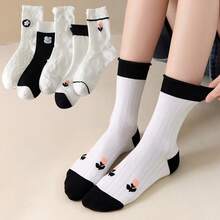 5 Pairs/5 Pairs Pack Spring/Summer Women's White Short Socks, Decorated With Floral Pattern, Comfortable Breathable Cute Mid-Calf Socks, Suitable For Daily Commute Wear, Universal Indoor Casual Socks - Multicolor - View 1