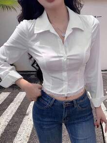 Cárdigan de corte ajustado con estilo universitario y costuras de espina de pescado, blusa elegante de manga larga con parches de encaje hueco p - Blanco - Ver 8