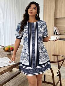 Plus Size Women's Casual Vacation Round Neck Petal Sleeve Printed A-Line Short Dress, Spring/Summer - Multicolor - View 4