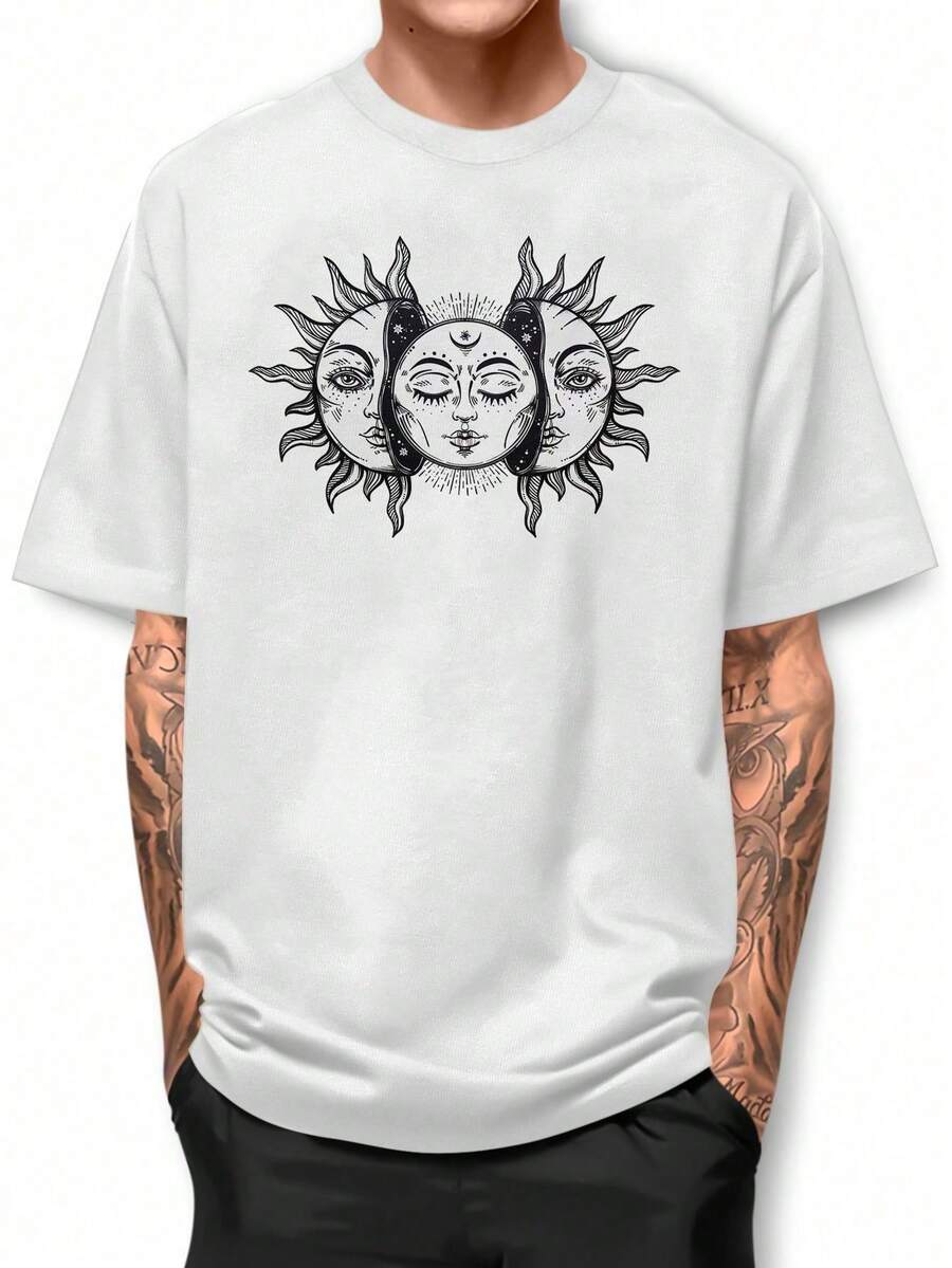 Basic Cotton T-Shirt With Round Neck, Moon And Solar Eclipse Design - BLACK AND RED - View 1