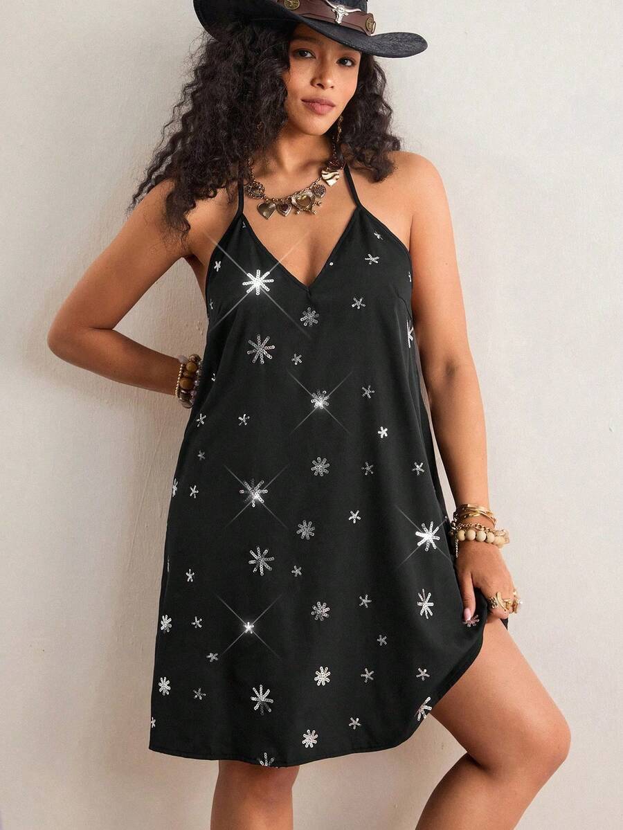 Freevana Vestido casual sin mangas con estampado floral vintage y tirantes finos, talla, para verano - Negro 2 - Ver 1
