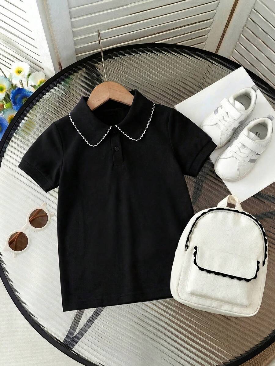 1件女童夏季新款Polo领短袖T恤，儿童百搭休闲可爱活力T恤 - 黑色 - 查看 1