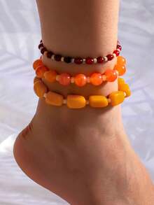 3pcs/Set Fashion Design Rose Orange Seed Bead Anklet, Unique Handmade Beaded Elastic Anklet For Women, Beach Vacation And Daily Wear - Orange Series - View 3