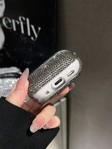 1 pieza Funda protectora de lujo de alta gama con strass brillante, diseño femenino con strass completo, anti-caída y anti-pérdida, compatible con la serie para auriculares Bluetooth - Gris - Ver 3