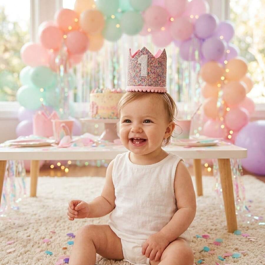 1-6 數字彩虹亮片生日皇冠 可調節毛氈生日帽 嬰兒頭飾 適合生日派對 裝扮 拍照道具 - 彩色 - 查看 1