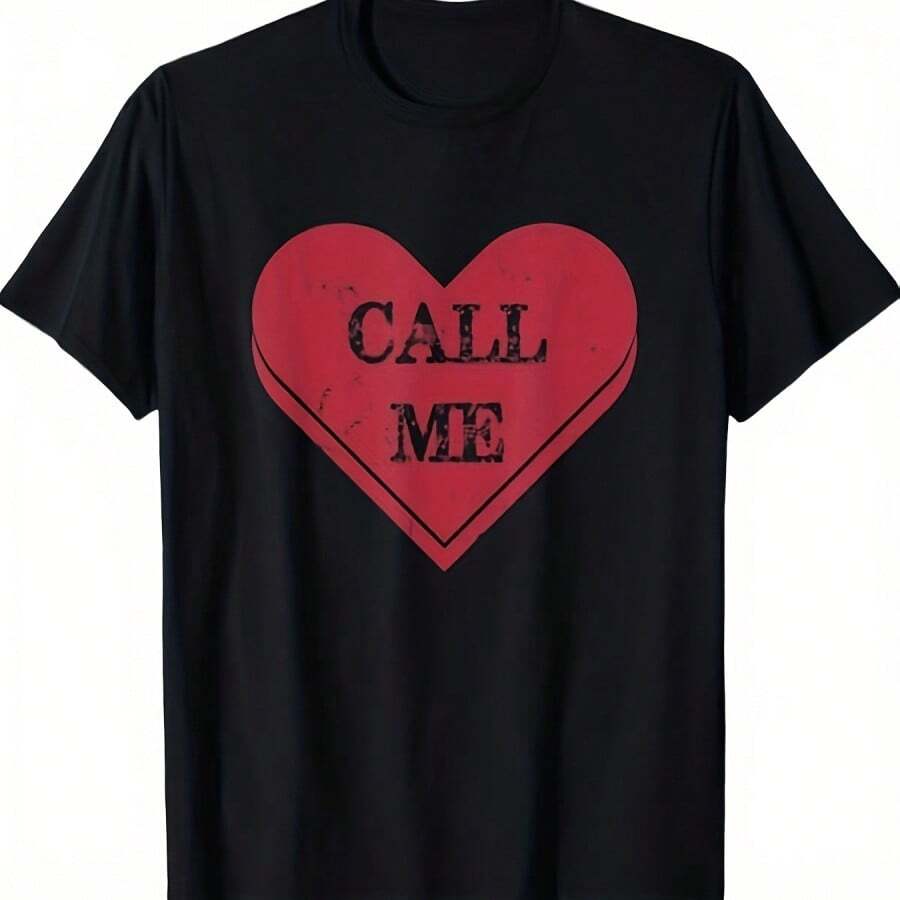 Graphic T-Shirt Featuring Call Me Damaged Heart - Made Of 100 In Black With White Lettering Distressed Red Heart Design - Black 5 - View 1